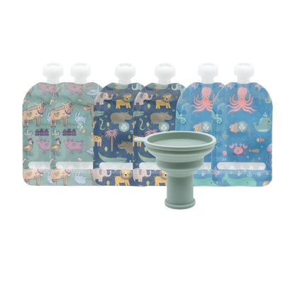 Double Zipper Reusable Food Pouches, Perfect for Babies & Toddlers, Freezer & Dishwasher Safe (Animals, 6 Piece Assortment)