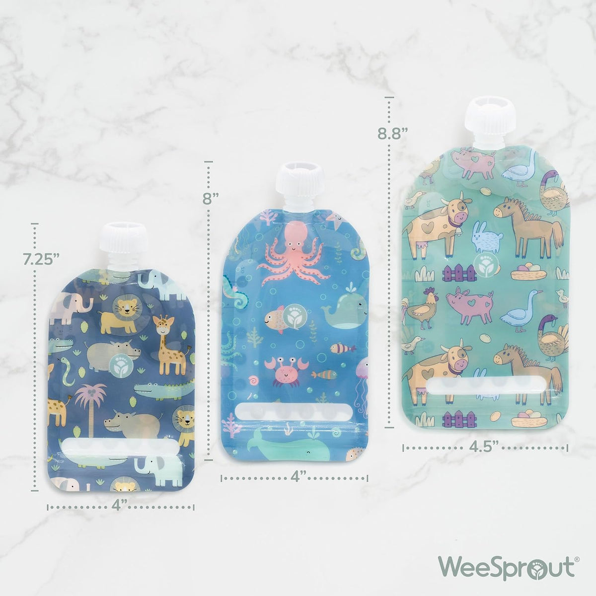 Double Zipper Reusable Food Pouches, Perfect for Babies & Toddlers, Freezer & Dishwasher Safe (Animals, 6 Piece Assortment)