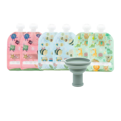 Double Zipper Reusable Food Pouches, Perfect for Babies & Toddlers, Freezer & Dishwasher Safe (Animals, 6 Piece Assortment)