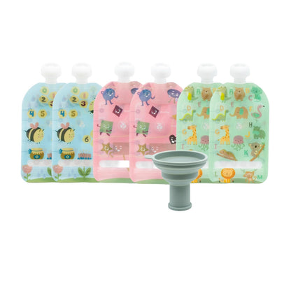 Double Zipper Reusable Food Pouches, Perfect for Babies & Toddlers, Freezer & Dishwasher Safe (Animals, 6 Piece Assortment)