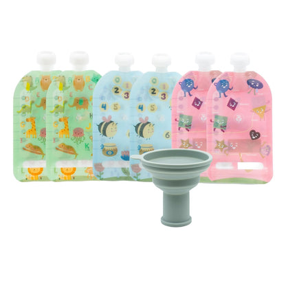 Double Zipper Reusable Food Pouches, Perfect for Babies & Toddlers, Freezer & Dishwasher Safe (Animals, 6 Piece Assortment)