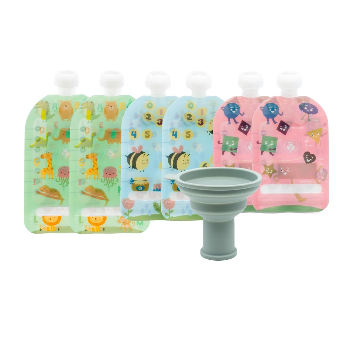 Double Zipper Reusable Food Pouches, Perfect for Babies & Toddlers, Freezer & Dishwasher Safe (Animals, 6 Piece Assortment)