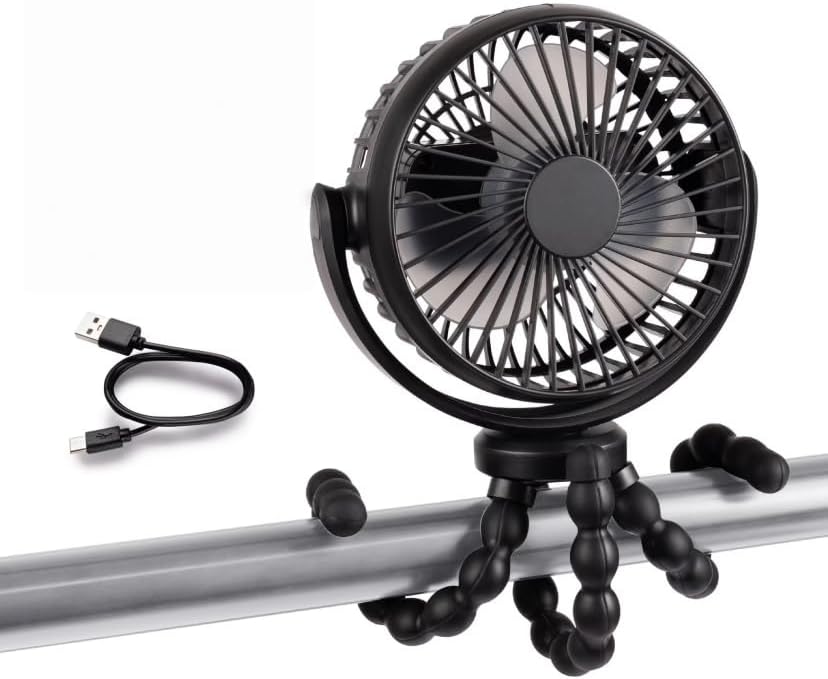Portable Rechargeable Stroller Fan with Flexible Tripod Legs, 360° Rotatable 3 Speed Quiet Baby Fan with Safe Mesh, USB Charging for Stroller Car Seat Crib Travel, Black