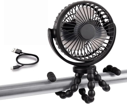 Portable Rechargeable Stroller Fan with Flexible Tripod Legs, 360° Rotatable 3 Speed Quiet Baby Fan with Safe Mesh, USB Charging for Stroller Car Seat Crib Travel, Black