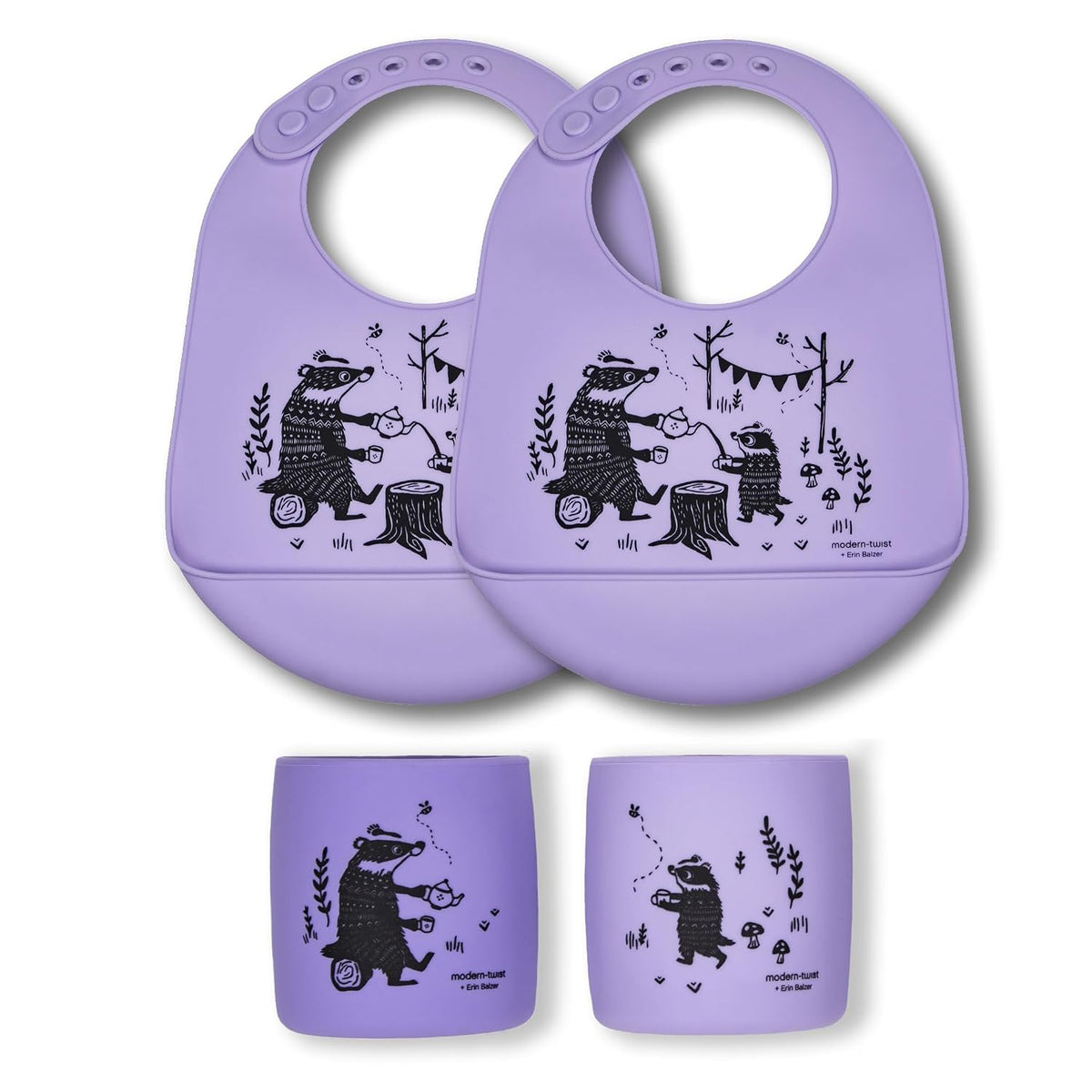Bundle Two Bucket-Bibs and matching Sipping Cup (set of 2) 100% Food-Grade Silicone, Waterproof and Reusable – Badger Family Lavender