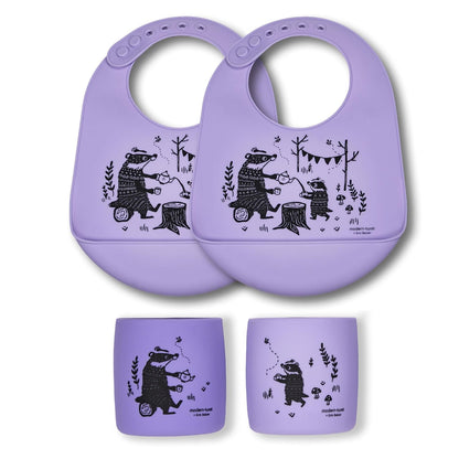 Bundle Two Bucket-Bibs and matching Sipping Cup (set of 2) 100% Food-Grade Silicone, Waterproof and Reusable – Badger Family Lavender