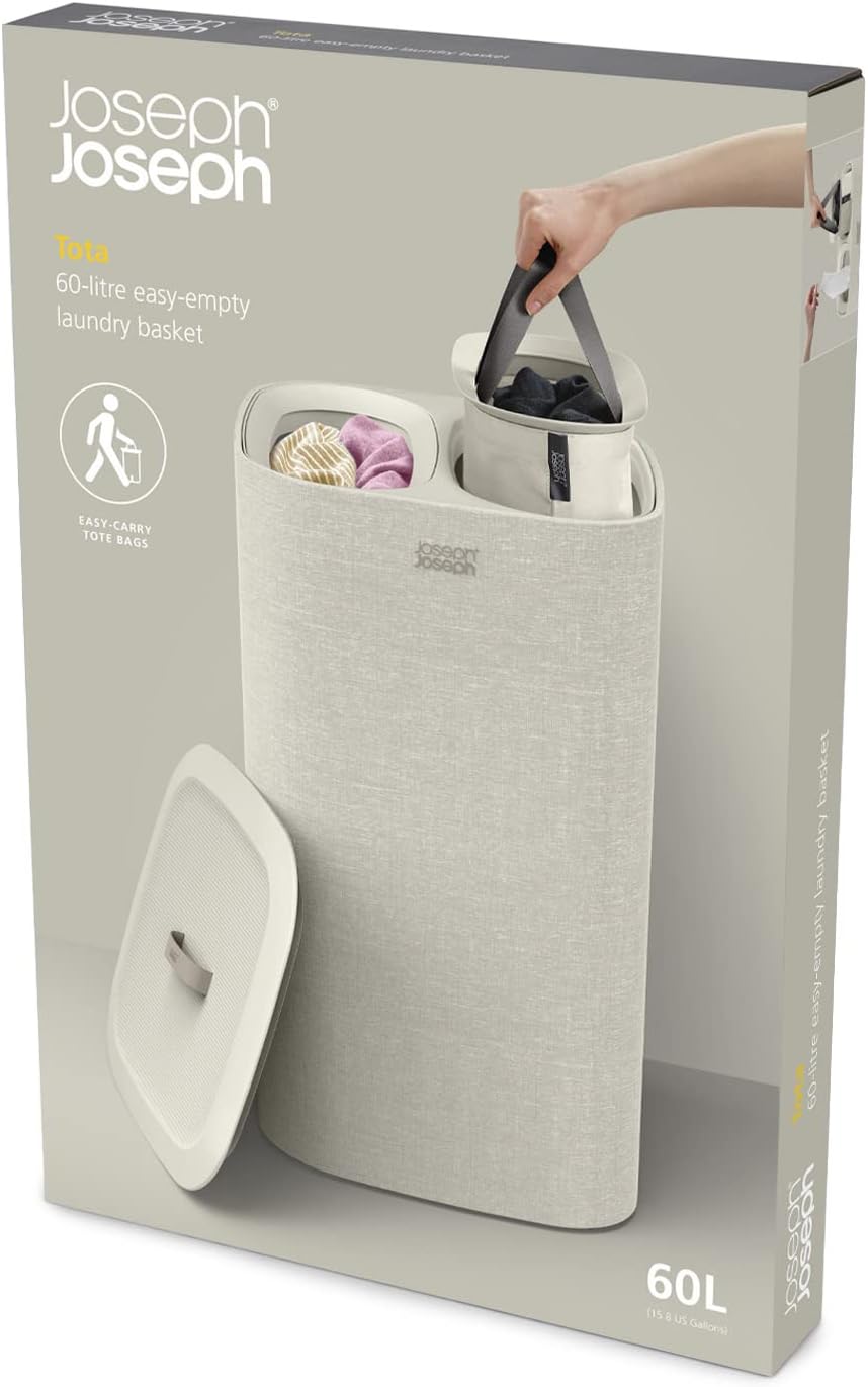 Tota 90 liter/23.8 gallon Laundry Hamper Separation Basket with lid, 2 Removable Washing Bags with Handles - Ecru
