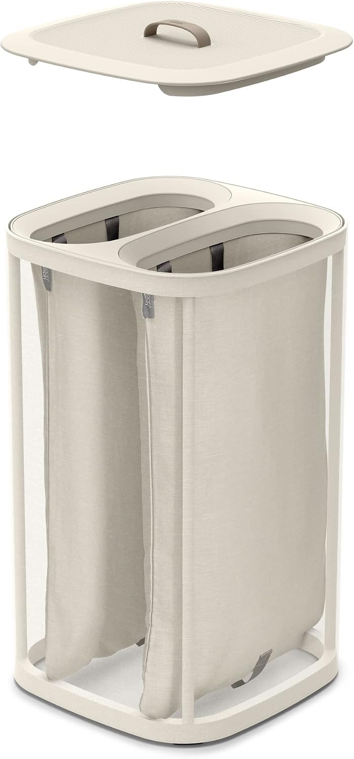 Tota 90 liter/23.8 gallon Laundry Hamper Separation Basket with lid, 2 Removable Washing Bags with Handles - Ecru