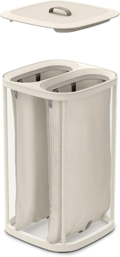 Tota 90 liter/23.8 gallon Laundry Hamper Separation Basket with lid, 2 Removable Washing Bags with Handles - Ecru