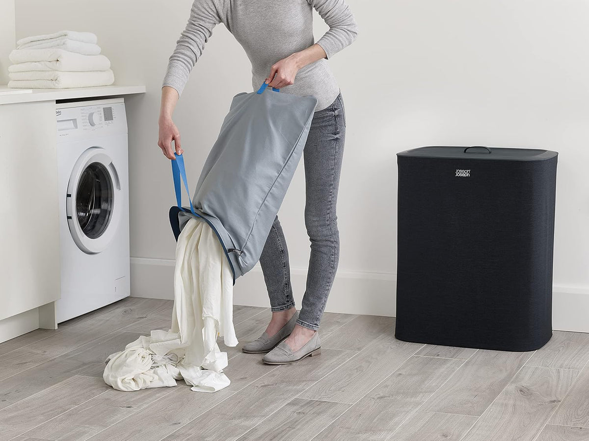 Tota 90 liter/23.8 gallon Laundry Hamper Separation Basket with lid, 2 Removable Washing Bags with Handles - Ecru