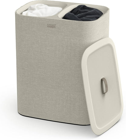 Tota 90 liter/23.8 gallon Laundry Hamper Separation Basket with lid, 2 Removable Washing Bags with Handles - Ecru