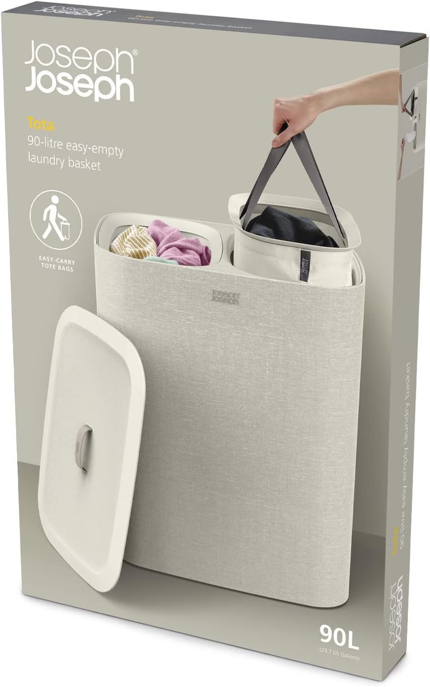 Tota 90 liter/23.8 gallon Laundry Hamper Separation Basket with lid, 2 Removable Washing Bags with Handles - Ecru