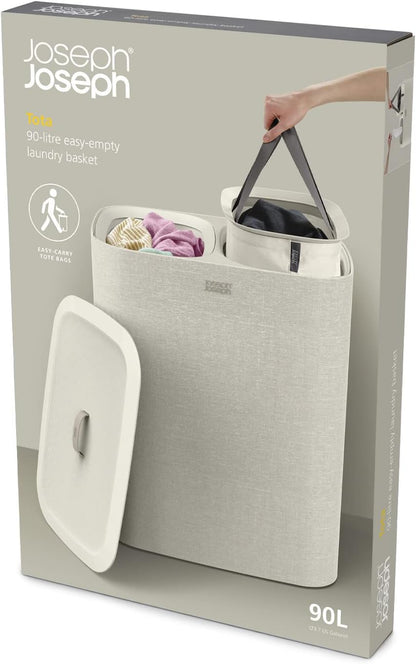 Tota 90 liter/23.8 gallon Laundry Hamper Separation Basket with lid, 2 Removable Washing Bags with Handles - Ecru
