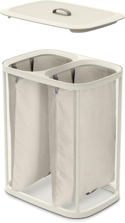 Tota 90 liter/23.8 gallon Laundry Hamper Separation Basket with lid, 2 Removable Washing Bags with Handles - Ecru