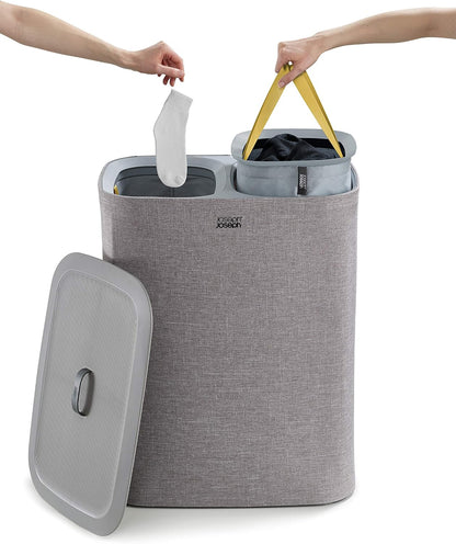 Tota 90 liter/23.8 gallon Laundry Hamper Separation Basket with lid, 2 Removable Washing Bags with Handles - Ecru