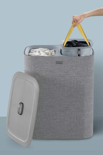 Tota 90 liter/23.8 gallon Laundry Hamper Separation Basket with lid, 2 Removable Washing Bags with Handles - Ecru