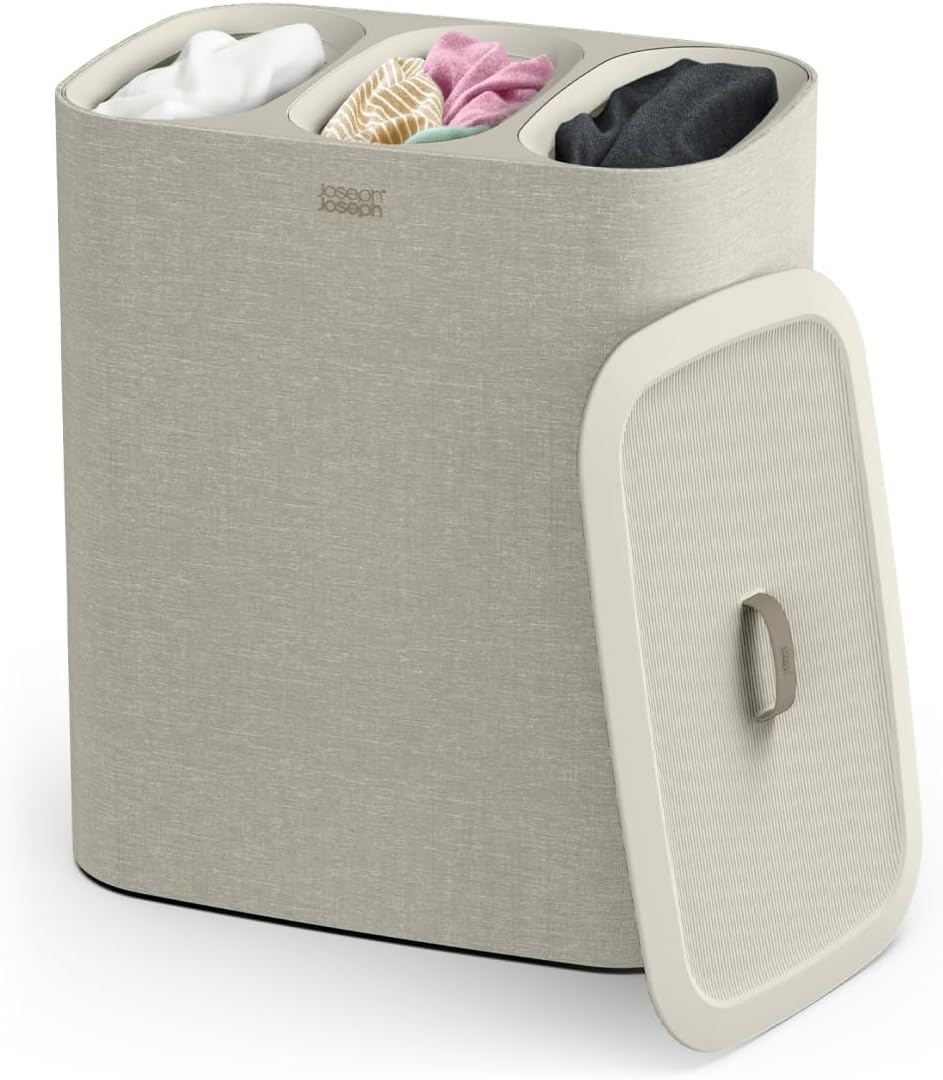 Tota 90 liter/23.8 gallon Laundry Hamper Separation Basket with lid, 2 Removable Washing Bags with Handles - Ecru