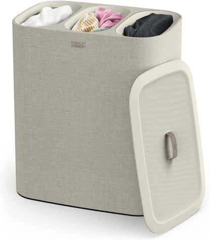 Tota 90 liter/23.8 gallon Laundry Hamper Separation Basket with lid, 2 Removable Washing Bags with Handles - Ecru