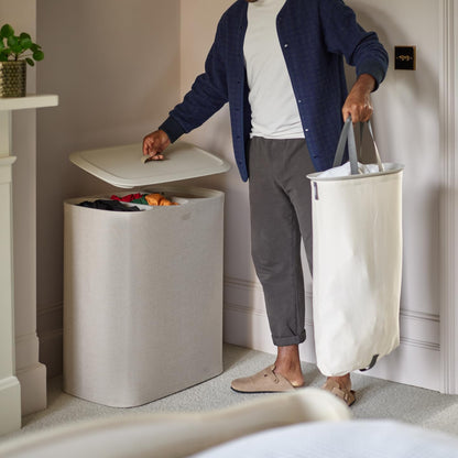Tota 90 liter/23.8 gallon Laundry Hamper Separation Basket with lid, 2 Removable Washing Bags with Handles - Ecru