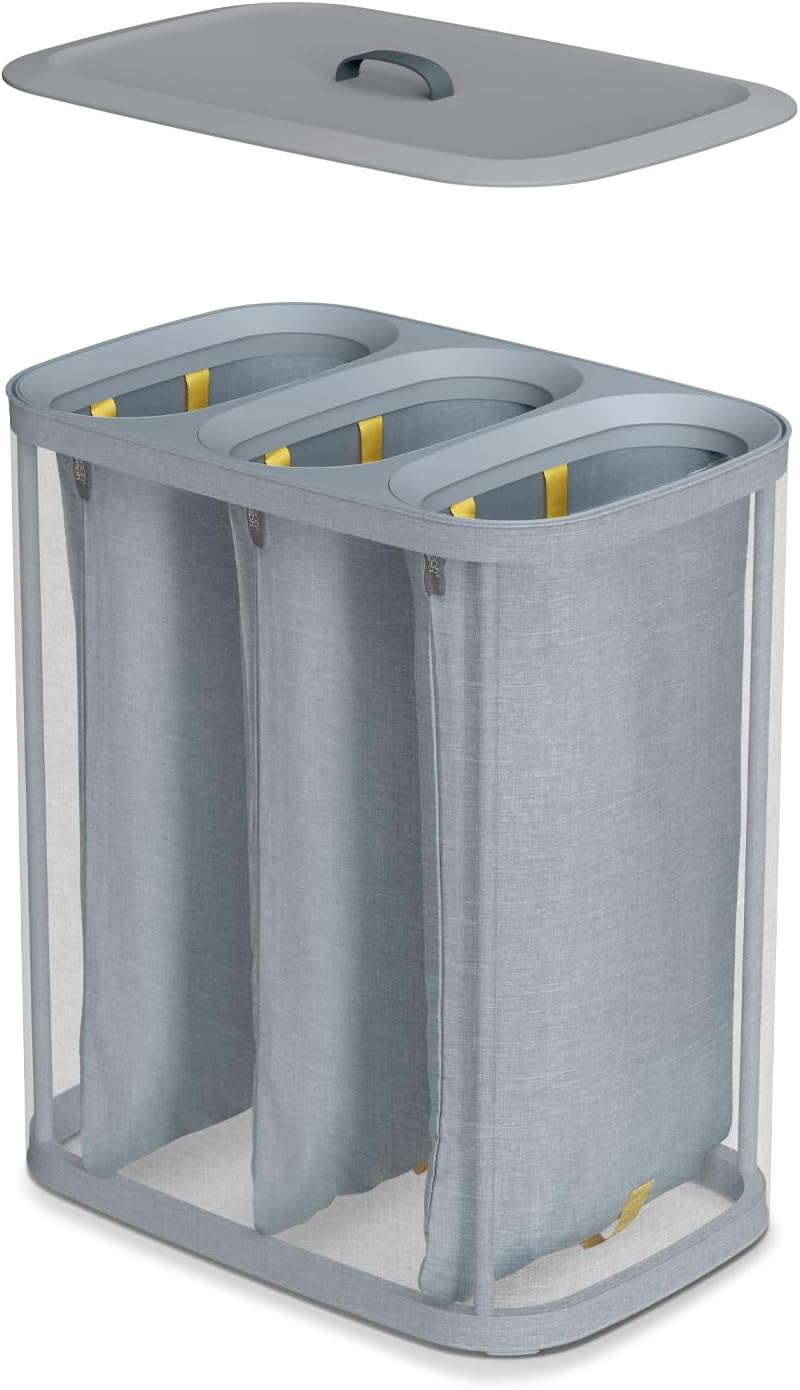 Tota 90 liter/23.8 gallon Laundry Hamper Separation Basket with lid, 2 Removable Washing Bags with Handles - Ecru