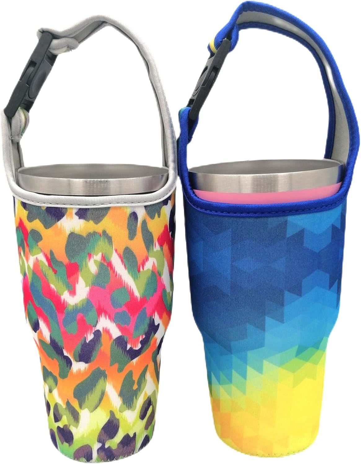 2 Pack Tumbler Carrier Holder Pouch for All 20-30oz Stainless Steel Travel Insulated Coffee Mug, Suitable for Yeti Stanley Ozark Trail Beast Rtic, Neoprene Sleeve with Carrying Handle Reusable Pink