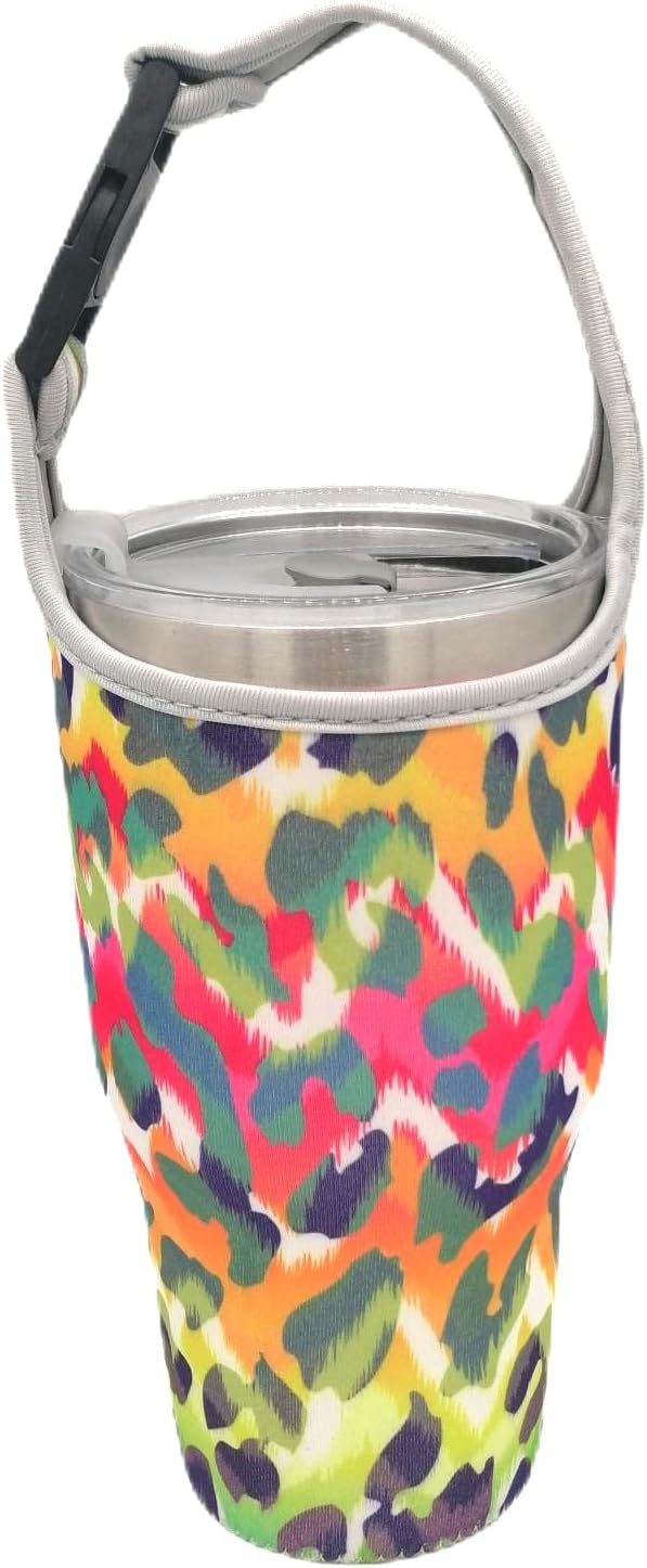 2 Pack Tumbler Carrier Holder Pouch for All 20-30oz Stainless Steel Travel Insulated Coffee Mug, Suitable for Yeti Stanley Ozark Trail Beast Rtic, Neoprene Sleeve with Carrying Handle Reusable Pink