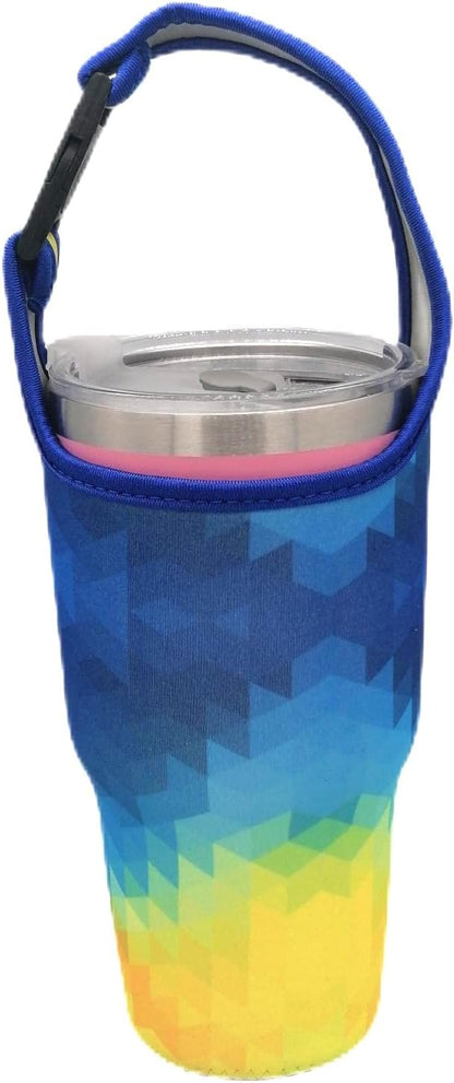 2 Pack Tumbler Carrier Holder Pouch for All 20-30oz Stainless Steel Travel Insulated Coffee Mug, Suitable for Yeti Stanley Ozark Trail Beast Rtic, Neoprene Sleeve with Carrying Handle Reusable Pink
