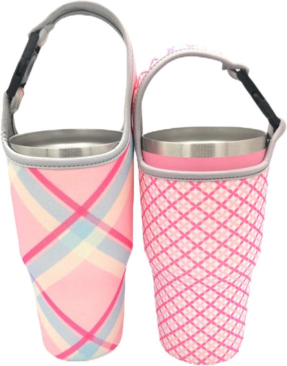 2 Pack Tumbler Carrier Holder Pouch for All 20-30oz Stainless Steel Travel Insulated Coffee Mug, Suitable for Yeti Stanley Ozark Trail Beast Rtic, Neoprene Sleeve with Carrying Handle Reusable Pink