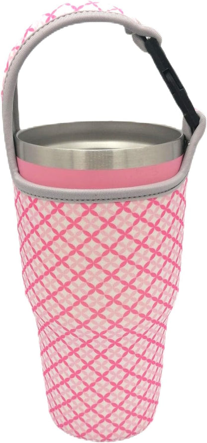 2 Pack Tumbler Carrier Holder Pouch for All 20-30oz Stainless Steel Travel Insulated Coffee Mug, Suitable for Yeti Stanley Ozark Trail Beast Rtic, Neoprene Sleeve with Carrying Handle Reusable Pink