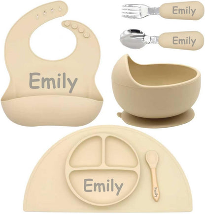 Personalized Silicone Suction Plates for Baby，Custom Toddlers Spoon and Fork, Baby Feeding Set with Name,Baby Birthday Gift for Boy & Girl (Grey placemat)