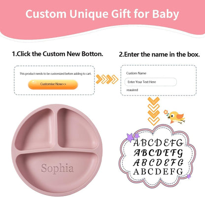 Personalized Silicone Suction Plates for Baby，Custom Toddlers Spoon and Fork, Baby Feeding Set with Name,Baby Birthday Gift for Boy & Girl (Grey placemat)