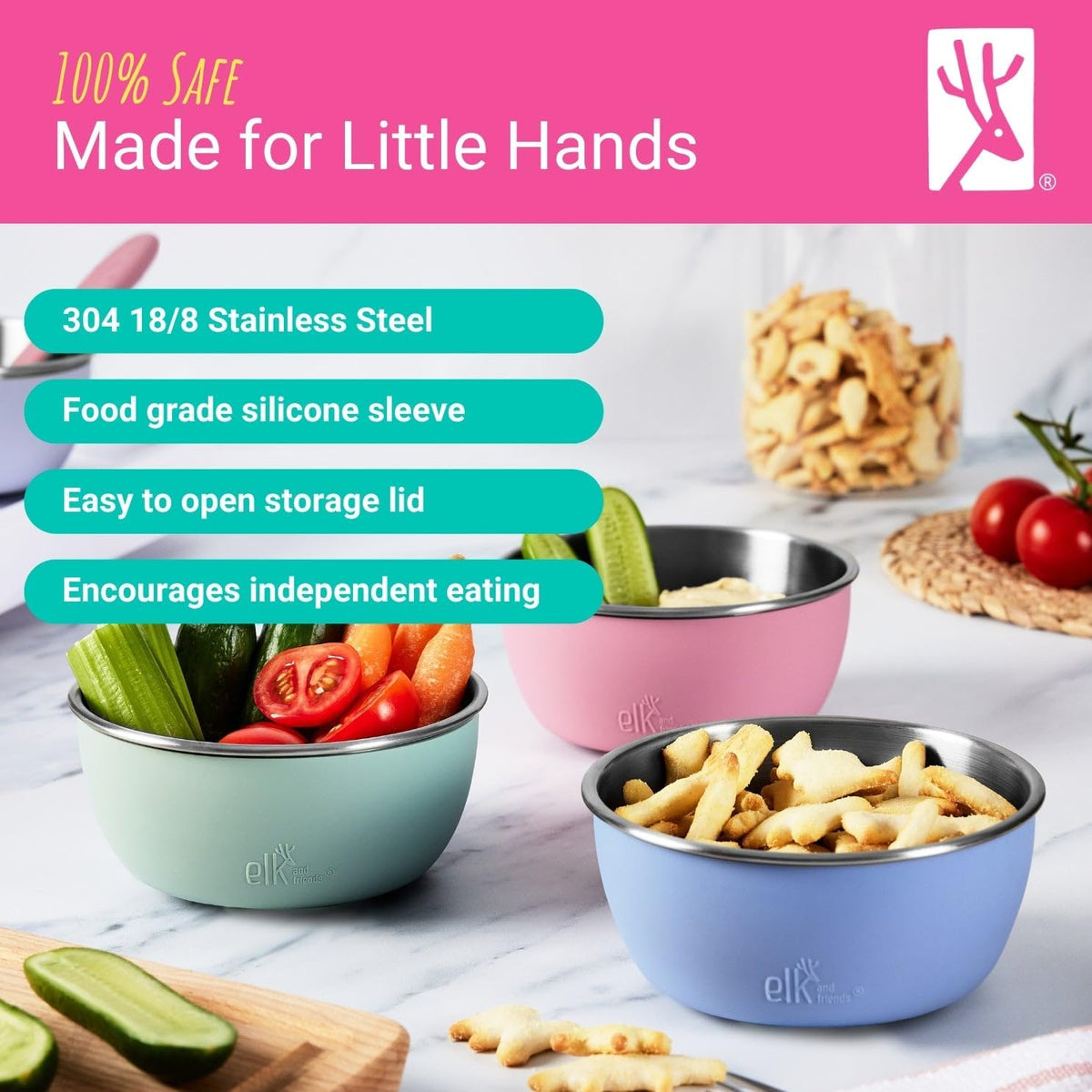 Kids/Toddler Stainless Steel Suction Bowls + Lids | 4pk