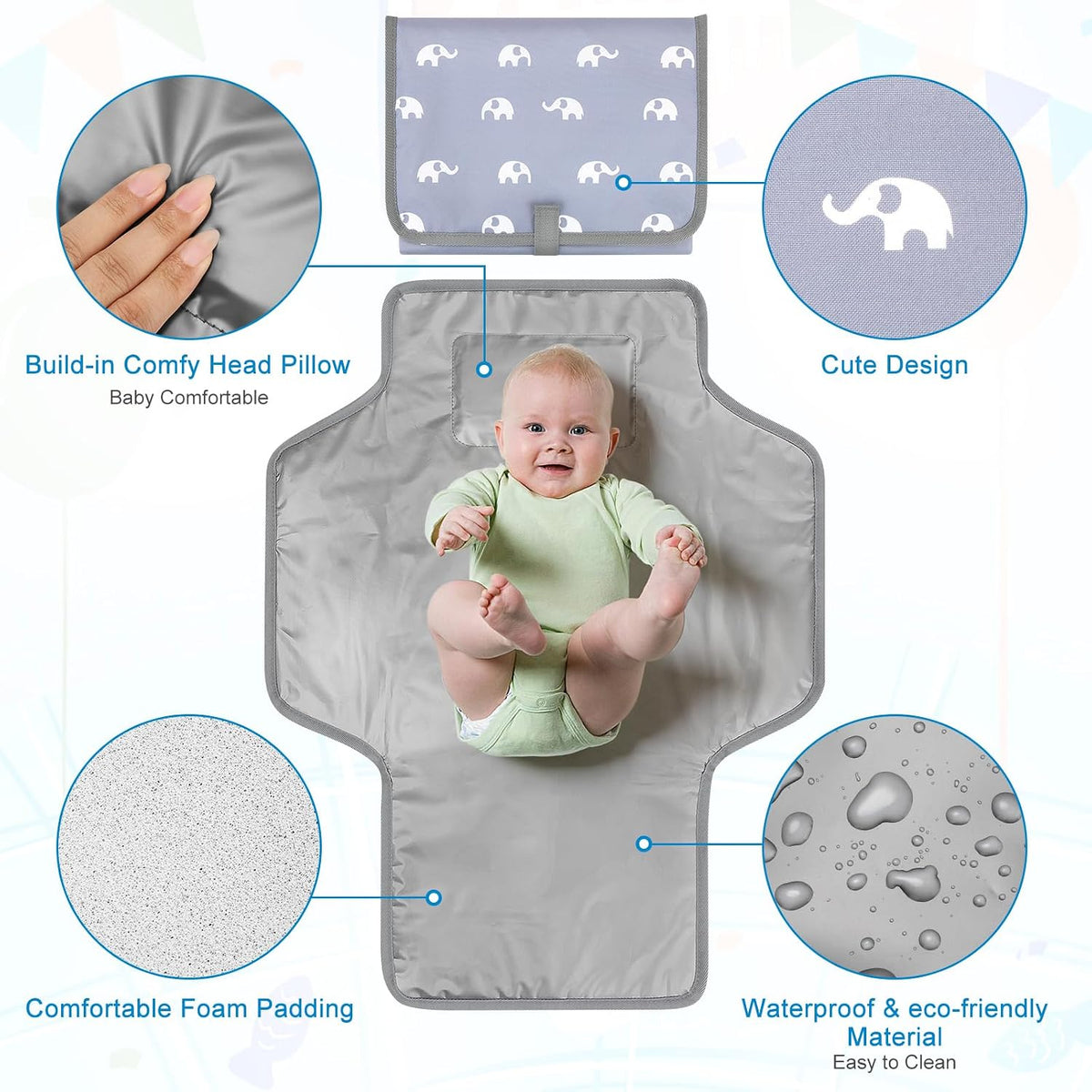 Portable Diaper Changing Pad, Waterproof Baby Changing Mat, Foldable Travel Diaper Changing Pads for Baby, Baby Essentials Shower Registry Gifts