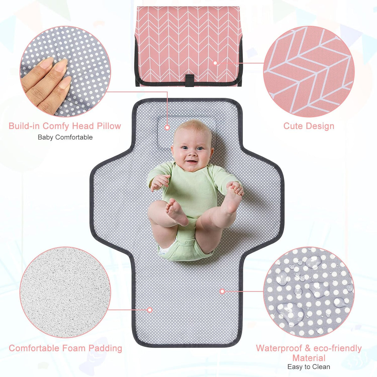 Portable Diaper Changing Pad, Waterproof Baby Changing Mat, Foldable Travel Diaper Changing Pads for Baby, Baby Essentials Shower Registry Gifts