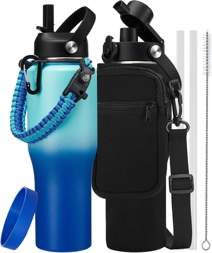 32 oz Stainless Steel Water Bottle with Straw - Spout Lid, Carrier Bag, Keep Cold-48H & Hot-24H Vacuum Insulated Flask Water Bottles Fits in Car Cup Holder, Bike, Coffee Travel Mug