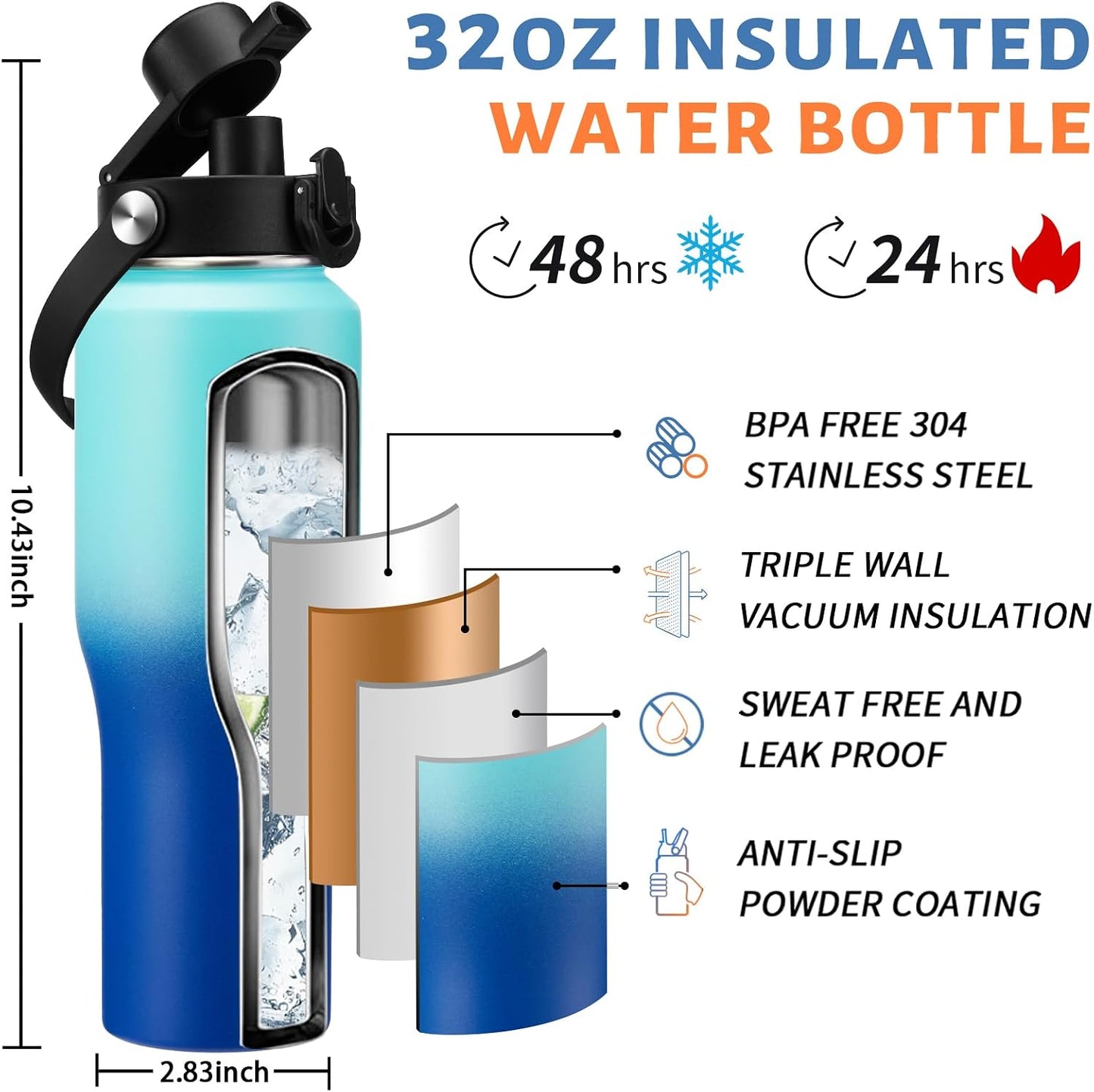 32 oz Stainless Steel Water Bottle with Straw - Spout Lid, Carrier Bag, Keep Cold-48H & Hot-24H Vacuum Insulated Flask Water Bottles Fits in Car Cup Holder, Bike, Coffee Travel Mug
