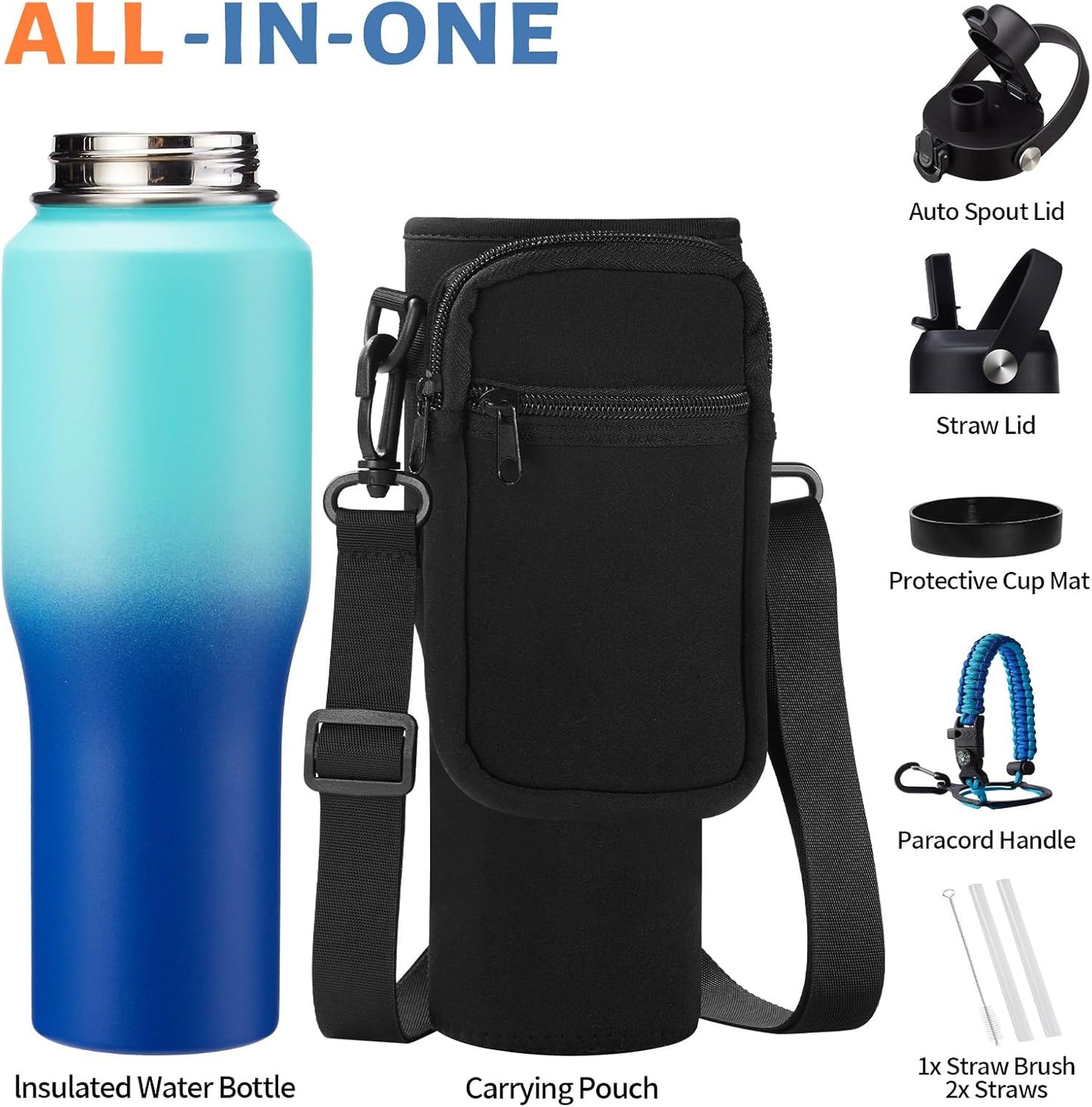 32 oz Stainless Steel Water Bottle with Straw - Spout Lid, Carrier Bag, Keep Cold-48H & Hot-24H Vacuum Insulated Flask Water Bottles Fits in Car Cup Holder, Bike, Coffee Travel Mug