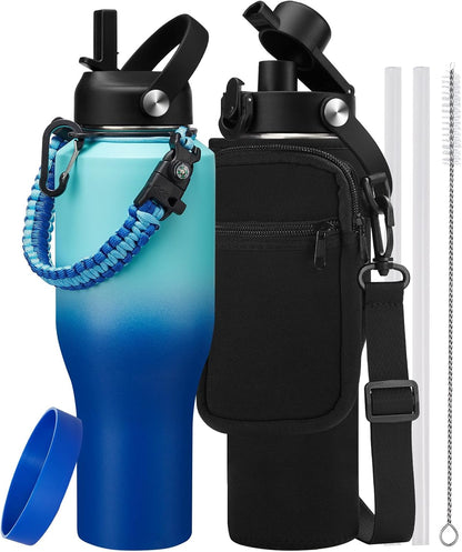 32 oz Stainless Steel Water Bottle with Straw - Spout Lid, Carrier Bag, Keep Cold-48H & Hot-24H Vacuum Insulated Flask Water Bottles Fits in Car Cup Holder, Bike, Coffee Travel Mug