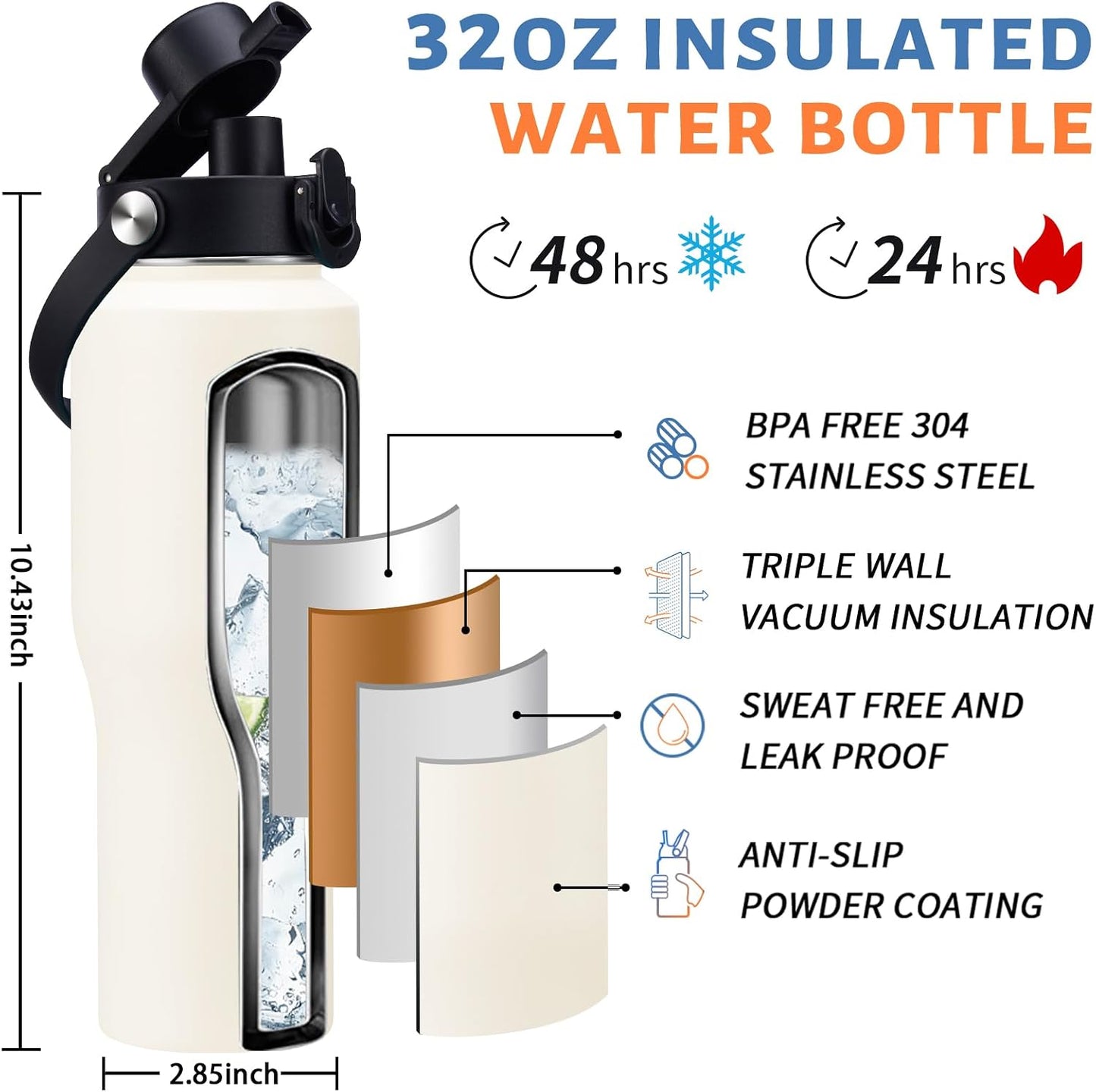 32 oz Stainless Steel Water Bottle with Straw - Spout Lid, Carrier Bag, Keep Cold-48H & Hot-24H Vacuum Insulated Flask Water Bottles Fits in Car Cup Holder, Bike, Coffee Travel Mug