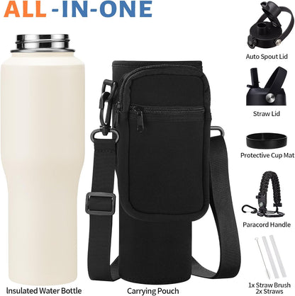 32 oz Stainless Steel Water Bottle with Straw - Spout Lid, Carrier Bag, Keep Cold-48H & Hot-24H Vacuum Insulated Flask Water Bottles Fits in Car Cup Holder, Bike, Coffee Travel Mug