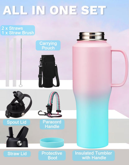 32 oz Stainless Steel Water Bottle with Straw - Spout Lid, Carrier Bag, Keep Cold-48H & Hot-24H Vacuum Insulated Flask Water Bottles Fits in Car Cup Holder, Bike, Coffee Travel Mug