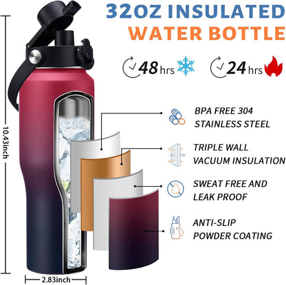 32 oz Stainless Steel Water Bottle with Straw - Spout Lid, Carrier Bag, Keep Cold-48H & Hot-24H Vacuum Insulated Flask Water Bottles Fits in Car Cup Holder, Bike, Coffee Travel Mug