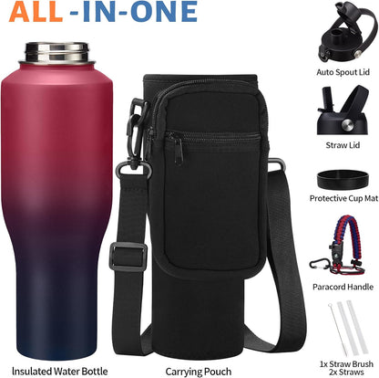 32 oz Stainless Steel Water Bottle with Straw - Spout Lid, Carrier Bag, Keep Cold-48H & Hot-24H Vacuum Insulated Flask Water Bottles Fits in Car Cup Holder, Bike, Coffee Travel Mug