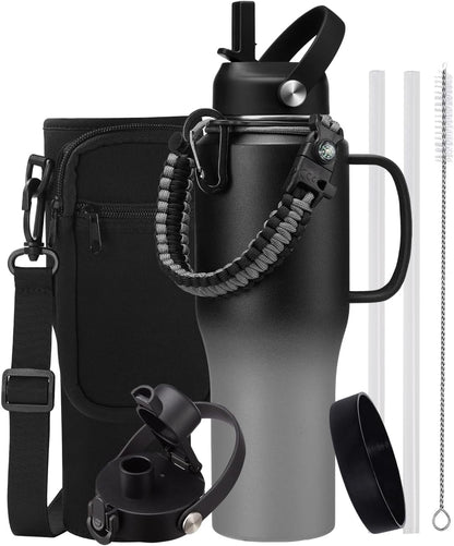 32 oz Stainless Steel Water Bottle with Straw - Spout Lid, Carrier Bag, Keep Cold-48H & Hot-24H Vacuum Insulated Flask Water Bottles Fits in Car Cup Holder, Bike, Coffee Travel Mug