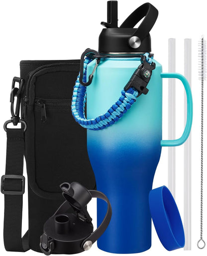 32 oz Stainless Steel Water Bottle with Straw - Spout Lid, Carrier Bag, Keep Cold-48H & Hot-24H Vacuum Insulated Flask Water Bottles Fits in Car Cup Holder, Bike, Coffee Travel Mug