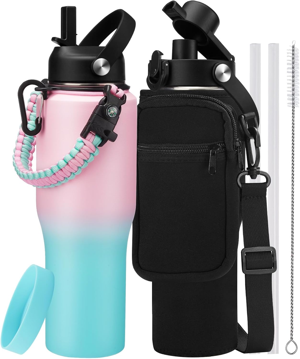 32 oz Stainless Steel Water Bottle with Straw - Spout Lid, Carrier Bag, Keep Cold-48H & Hot-24H Vacuum Insulated Flask Water Bottles Fits in Car Cup Holder, Bike, Coffee Travel Mug