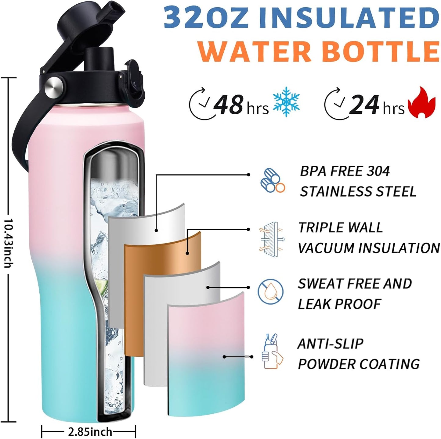 32 oz Stainless Steel Water Bottle with Straw - Spout Lid, Carrier Bag, Keep Cold-48H & Hot-24H Vacuum Insulated Flask Water Bottles Fits in Car Cup Holder, Bike, Coffee Travel Mug