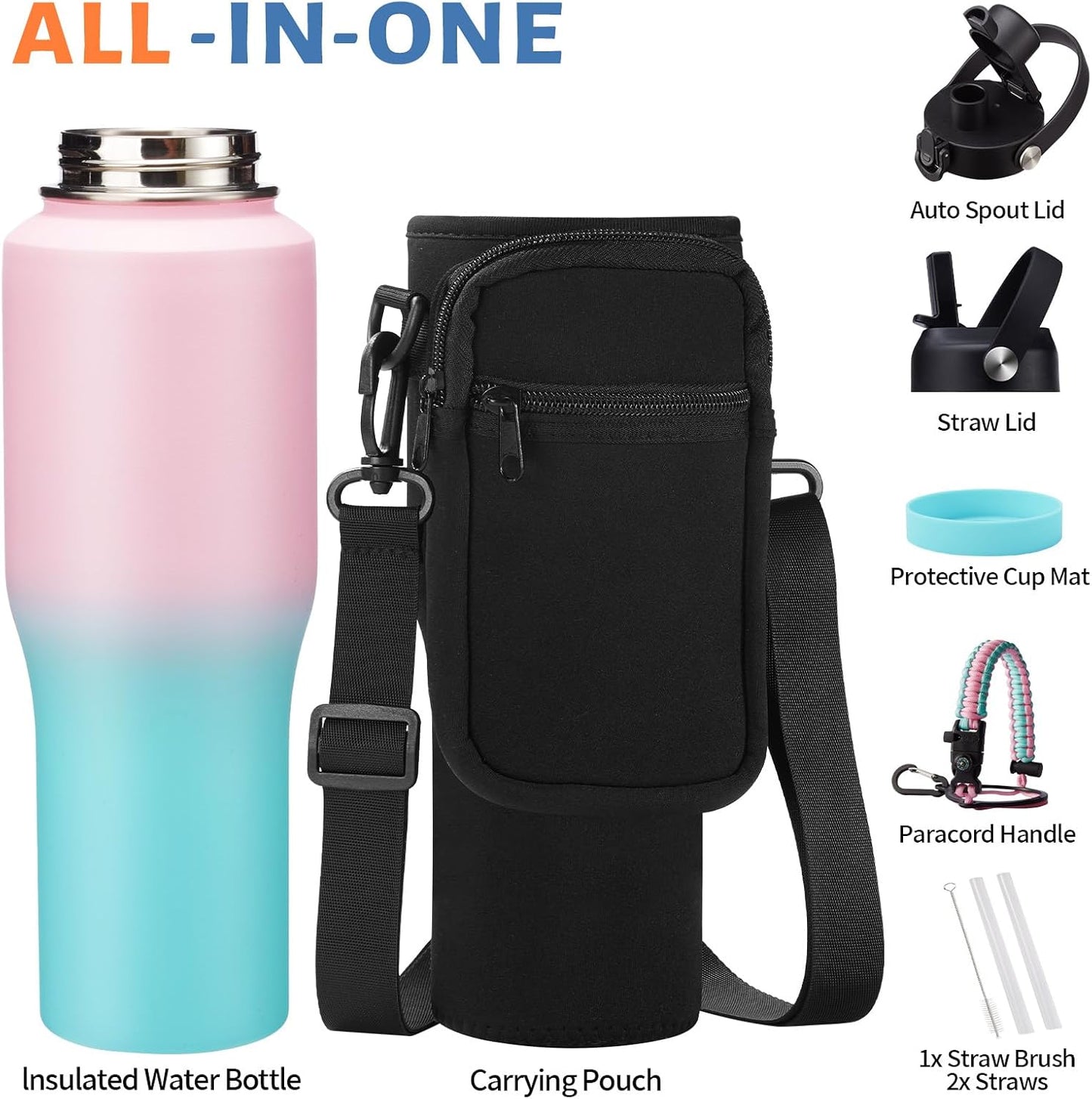 32 oz Stainless Steel Water Bottle with Straw - Spout Lid, Carrier Bag, Keep Cold-48H & Hot-24H Vacuum Insulated Flask Water Bottles Fits in Car Cup Holder, Bike, Coffee Travel Mug