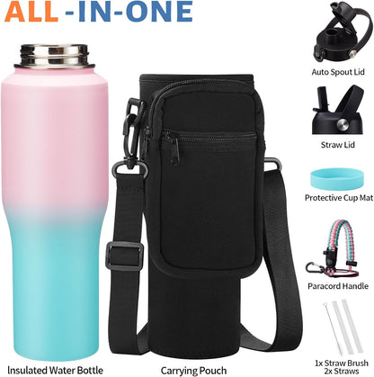 32 oz Stainless Steel Water Bottle with Straw - Spout Lid, Carrier Bag, Keep Cold-48H & Hot-24H Vacuum Insulated Flask Water Bottles Fits in Car Cup Holder, Bike, Coffee Travel Mug