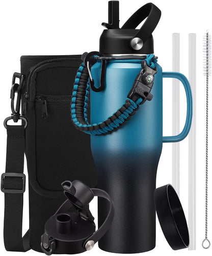 32 oz Stainless Steel Water Bottle with Straw - Spout Lid, Carrier Bag, Keep Cold-48H & Hot-24H Vacuum Insulated Flask Water Bottles Fits in Car Cup Holder, Bike, Coffee Travel Mug